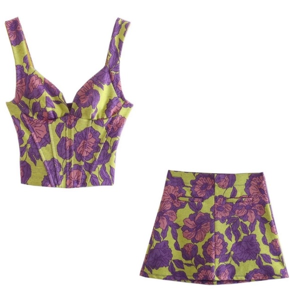 Zara Jacquard Bustier Top & Mini Skirt